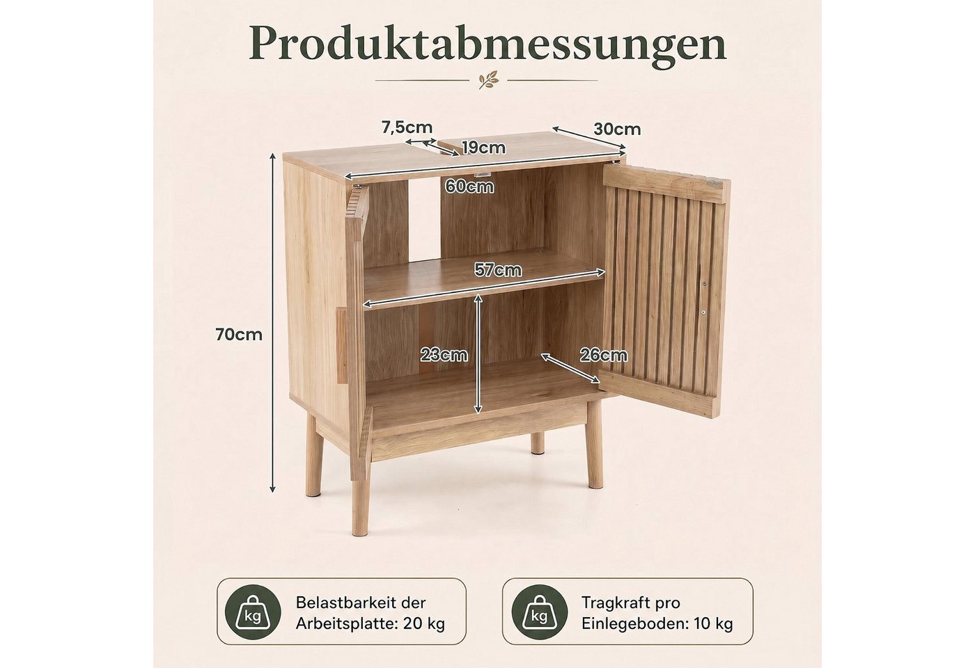 COSTWAY Waschbeckenunterschrank Holz mit 2 Lamellentüren Breite 60cm Badezimmerschrank