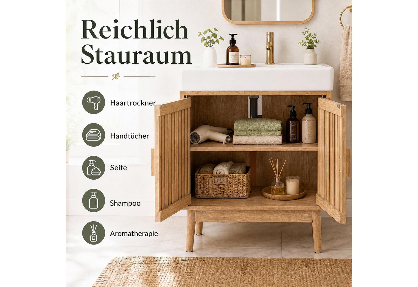 COSTWAY Waschbeckenunterschrank Holz mit 2 Lamellentüren Breite 60cm Badezimmerschrank Bild 4