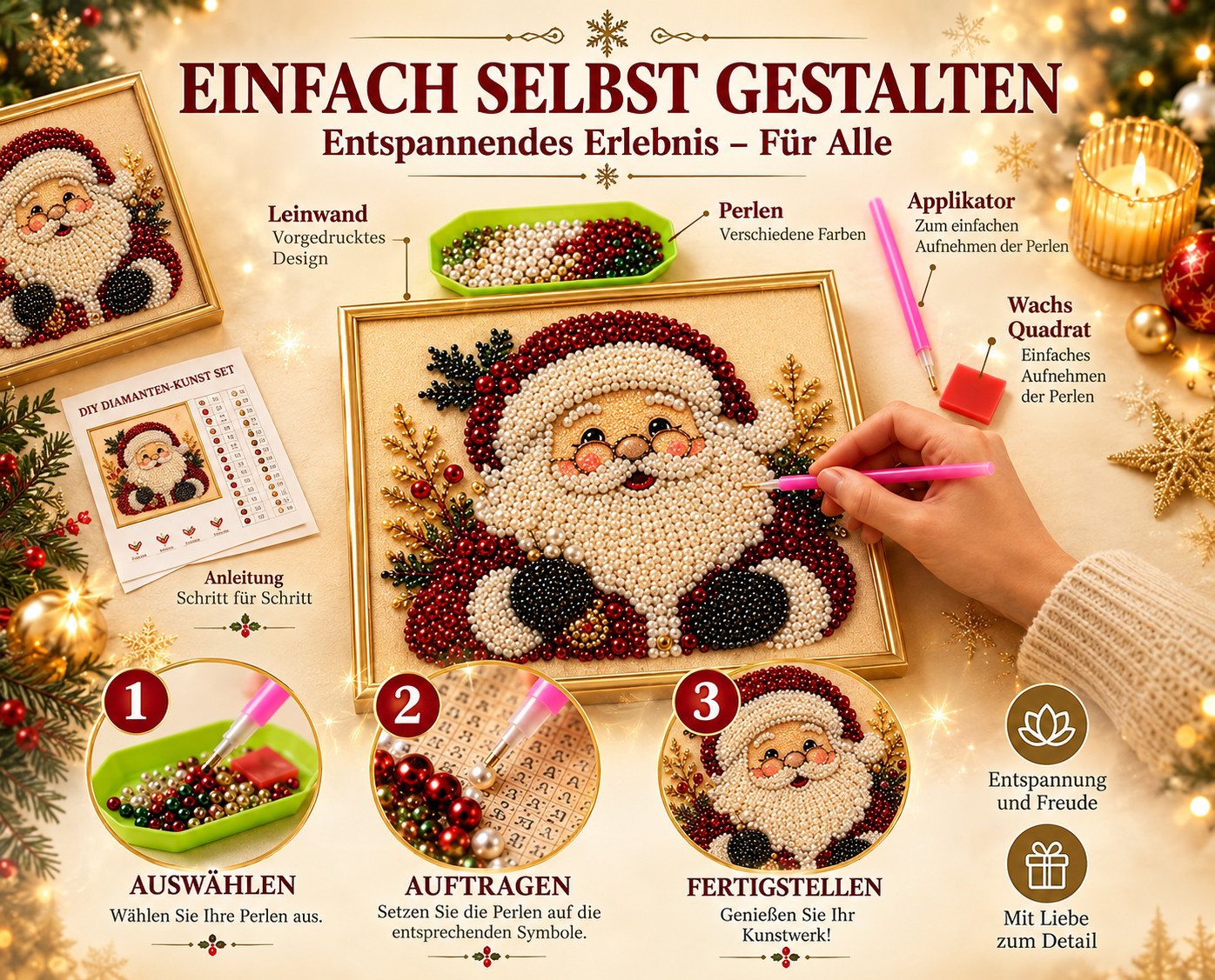 CLTYQ Kreativset DIY-Weihnachts-Perlenbild-Kreativset, Weihnachts-Bastelset für Erwachsene, Kinder und Anfänger