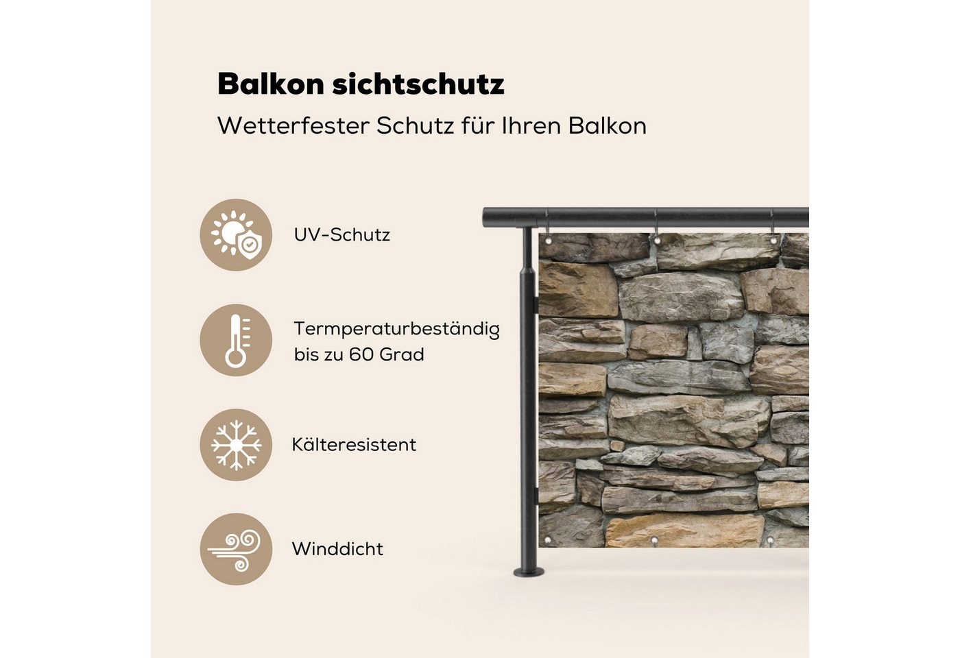MuchoWow Balkonsichtschutz Steine - Steinoptik - Grau (1-St) Balkon Sichtschutz 90x200, Windschutz für Zaun PVC, 200x90 cm