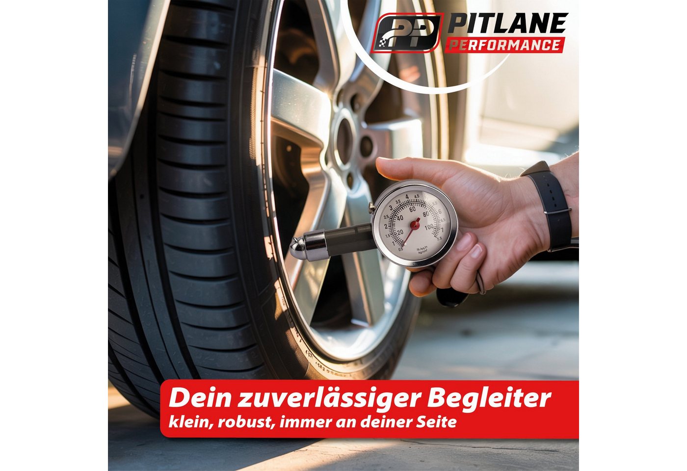 Pitlane Performance Ventilkappe Analoger Reifendruckprüfer, (Reifendruckprüfer, Analoger Reifendruckprüfer mit Manometer & Ablassventil, 0–7 Bar), Mit Druckablassventil und Manometer