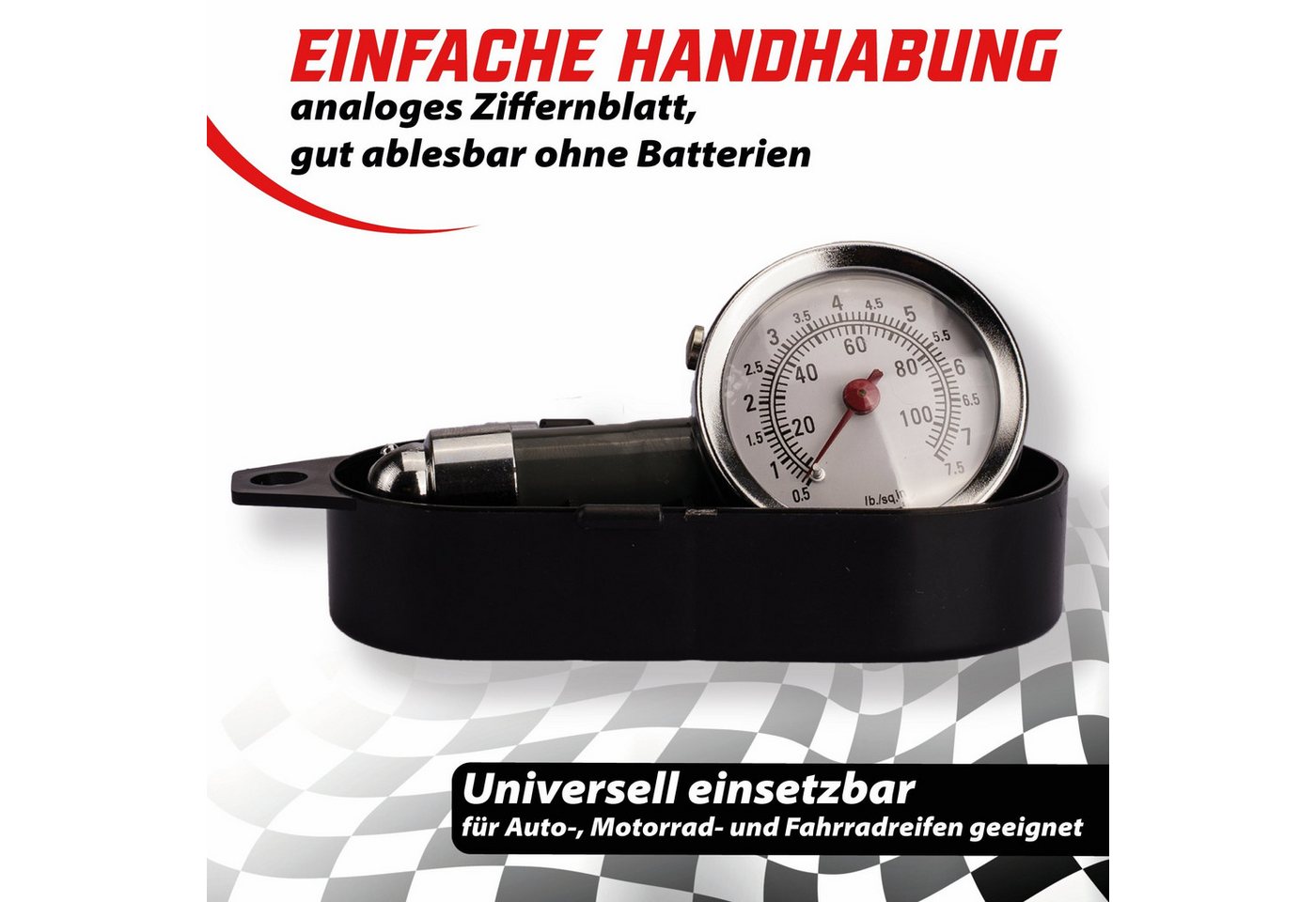 Pitlane Performance Ventilkappe Analoger Reifendruckprüfer, (Reifendruckprüfer, Analoger Reifendruckprüfer mit Manometer & Ablassventil, 0–7 Bar), Mit Druckablassventil und Manometer Bild 3