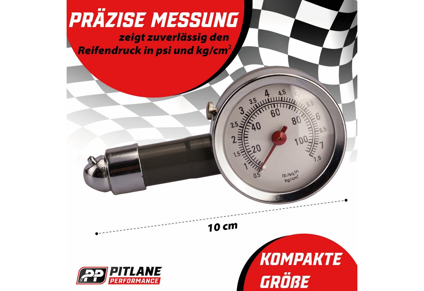 Pitlane Performance Ventilkappe Analoger Reifendruckprüfer, (Reifendruckprüfer, Analoger Reifendruckprüfer mit Manometer & Ablassventil, 0–7 Bar), Mit Druckablassventil und Manometer Bild 4