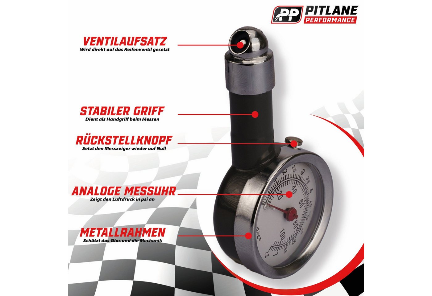 Pitlane Performance Ventilkappe Analoger Reifendruckprüfer, (Reifendruckprüfer, Analoger Reifendruckprüfer mit Manometer & Ablassventil, 0–7 Bar), Mit Druckablassventil und Manometer Bild 5