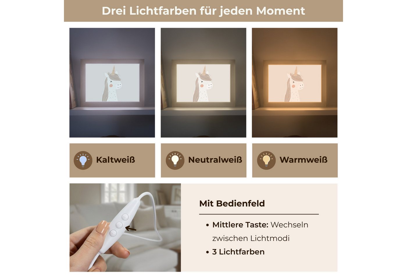 OnlyWow Wandleuchte Lightbox Einhorn - Pastellfarben - Einhorn - Mädchen, Dimmbar, Farbwechsel, LED, Warmweiß, Kaltweiß, Neutralweiß Einstellbar, Wandlampe Innen, Dimmbar, mit Kabel, LED, Modern, Kinder