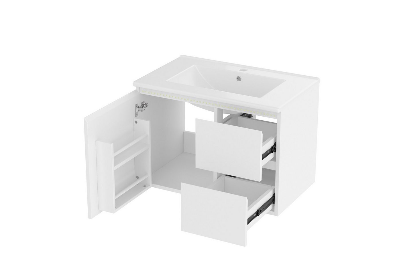 Flieks Waschtisch LED-Radarsensor-Beleuchtung Waschbeckenunterschrank inkl. Waschbecken (wandhängend, Badschrank mit Led-Beleuchtung Waschplatz Badezimmer, 1-St., B76/T46/H50 cm, Volllackierung), Badmöbel-Set mit Schubladen und Türablagen Badezimmerschrank Weiß