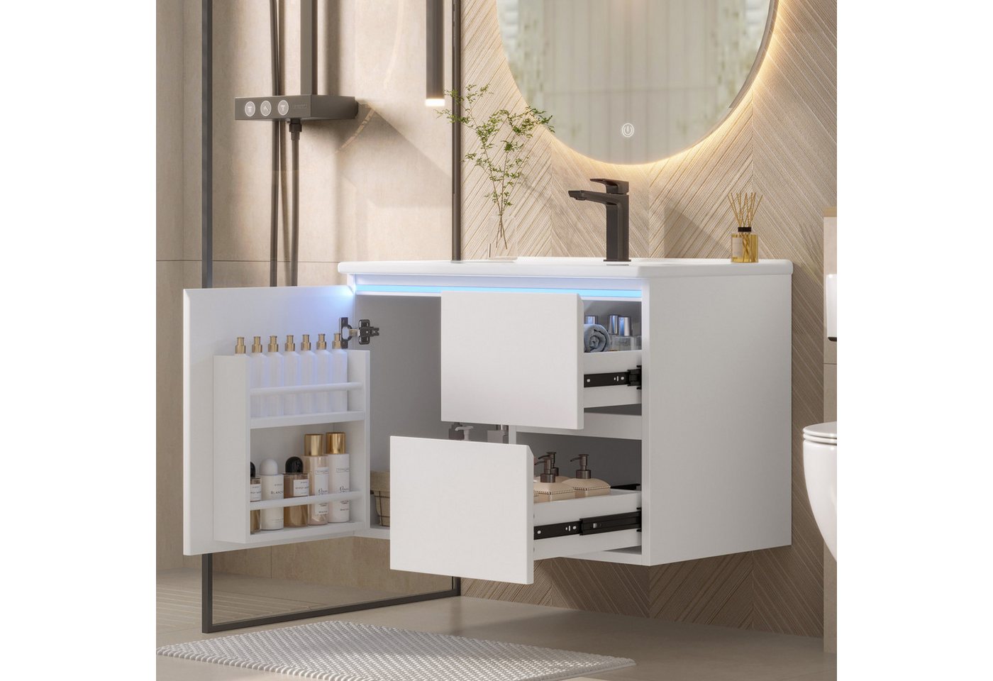 Flieks Waschtisch LED-Radarsensor-Beleuchtung Waschbeckenunterschrank inkl. Waschbecken (wandhängend, Badschrank mit Led-Beleuchtung Waschplatz Badezimmer, 1-St., B76/T46/H50 cm, Volllackierung), Badmöbel-Set mit Schubladen und Türablagen Badezimmerschrank Weiß Bild 2