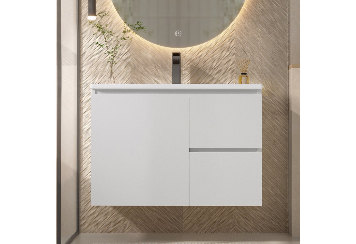 Flieks Waschtisch LED-Radarsensor-Beleuchtung Waschbeckenunterschrank inkl. Waschbecken (wandhängend, Badschrank mit Led-Beleuchtung Waschplatz Badezimmer, 1-St., B76/T46/H50 cm, Volllackierung), Badmöbel-Set mit Schubladen und Türablagen Badezimmerschrank Weiß Bild 3