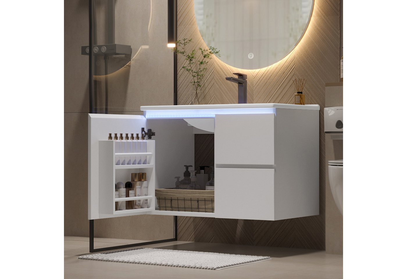 Flieks Waschtisch LED-Radarsensor-Beleuchtung Waschbeckenunterschrank inkl. Waschbecken (wandhängend, Badschrank mit Led-Beleuchtung Waschplatz Badezimmer, 1-St., B76/T46/H50 cm, Volllackierung), Badmöbel-Set mit Schubladen und Türablagen Badezimmerschrank Weiß Bild 4