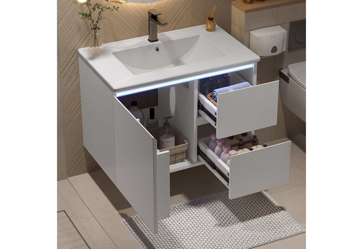 Flieks Waschtisch LED-Radarsensor-Beleuchtung Waschbeckenunterschrank inkl. Waschbecken (wandhängend, Badschrank mit Led-Beleuchtung Waschplatz Badezimmer, 1-St., B76/T46/H50 cm, Volllackierung), Badmöbel-Set mit Schubladen und Türablagen Badezimmerschrank Weiß Bild 5