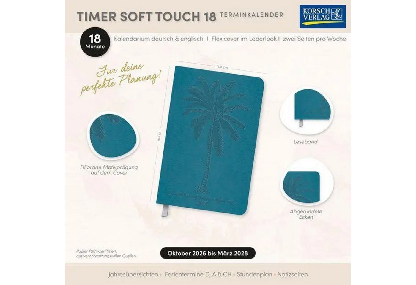Korsch Verlag Taschenkalender Timer Soft Touch 18 Monate petrol 2027/2028 Bild 3