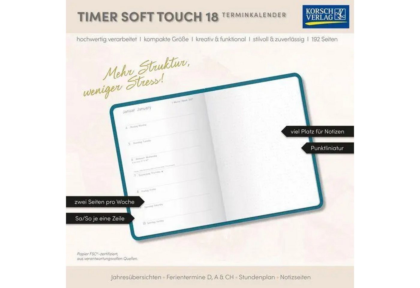 Korsch Verlag Taschenkalender Timer Soft Touch 18 Monate petrol 2027/2028 Bild 5