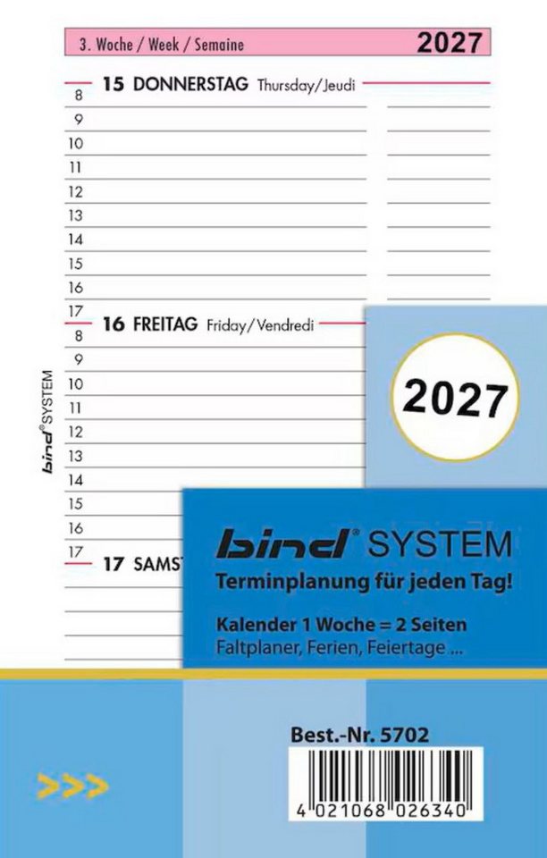 JÜSCHA Terminkalender B-5702 bind Kalendereinlage 2027 Wochenplaner Mini 7,9 x 12,5cm