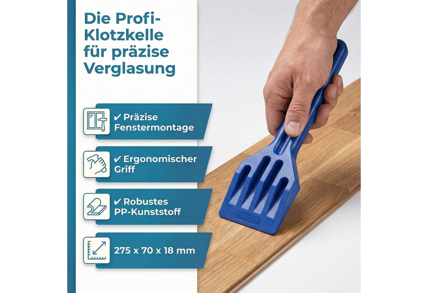 heicko e-ast GmbH Verlegekeil Montagewerkzeug Klotzkelle für Fenster- und Türverglasung, besonders griffig, vielseitig einsetzbar Bild 5
