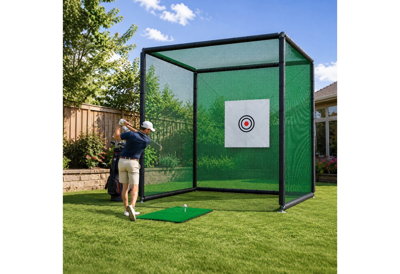 LVHOM Golf-Abschlagmatte Golf-Übungsnetz 300x300x300cm – Wie auf dem Platz, zuhause (pulverbeschichtet, 4 Schutznetze, Zielplane, Übungsmatte, Gummi-Tee, 2 Bälle, Abspannseile, Heringe, Bodenanker), für Indoor/Outdoor