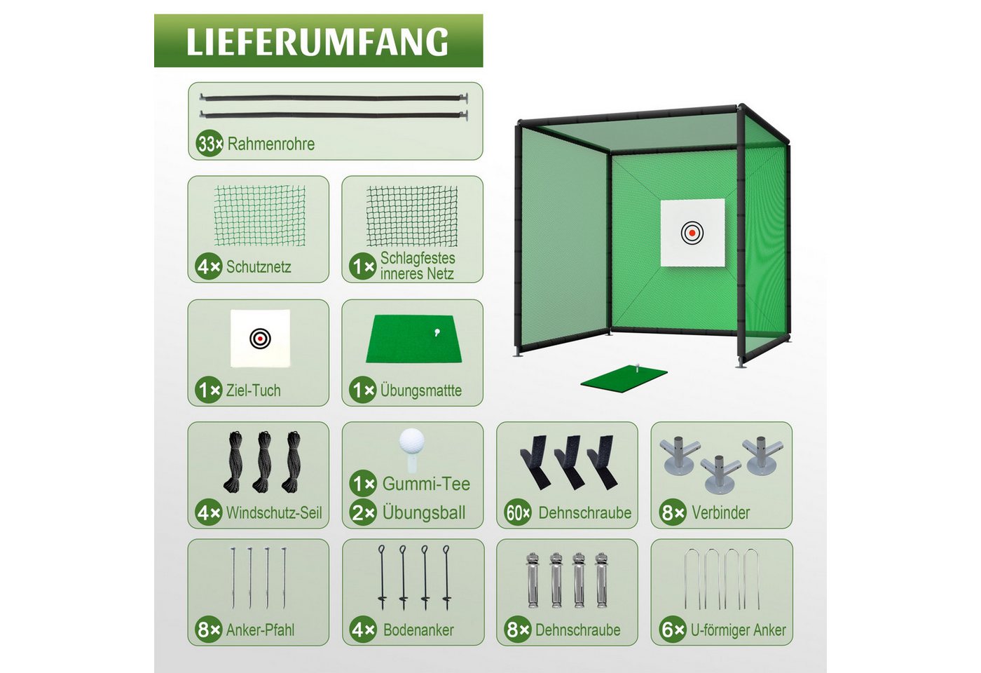 LVHOM Golf-Abschlagmatte Golf-Übungsnetz 300x300x300cm – Wie auf dem Platz, zuhause (pulverbeschichtet, 4 Schutznetze, Zielplane, Übungsmatte, Gummi-Tee, 2 Bälle, Abspannseile, Heringe, Bodenanker), für Indoor/Outdoor Bild 2