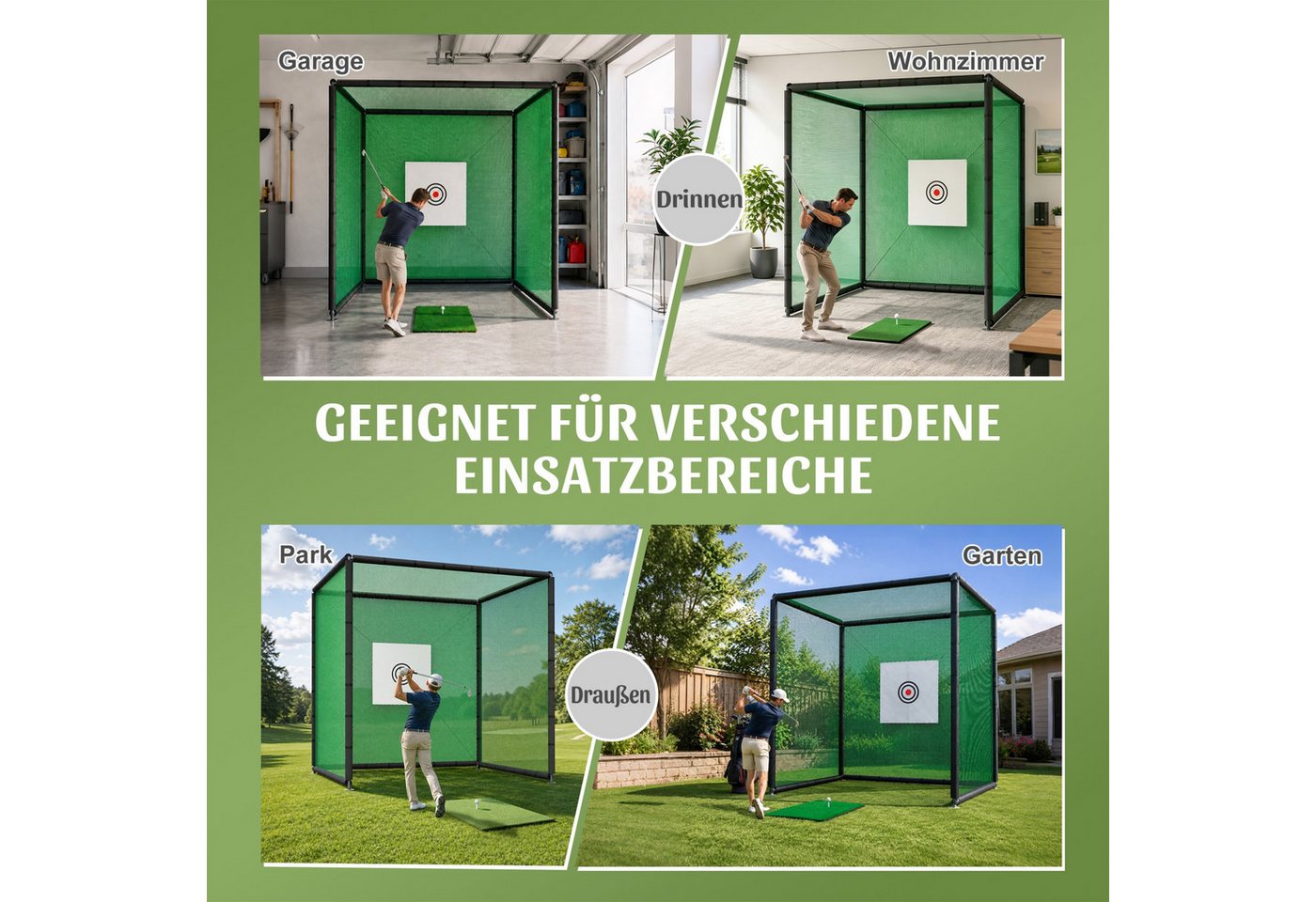 LVHOM Golf-Abschlagmatte Golf-Übungsnetz 300x300x300cm – Wie auf dem Platz, zuhause (pulverbeschichtet, 4 Schutznetze, Zielplane, Übungsmatte, Gummi-Tee, 2 Bälle, Abspannseile, Heringe, Bodenanker), für Indoor/Outdoor Bild 4