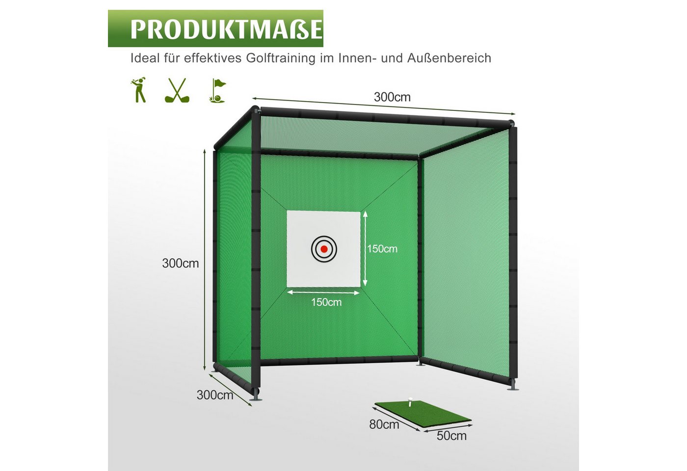 LVHOM Golf-Abschlagmatte Golf-Übungsnetz 300x300x300cm – Wie auf dem Platz, zuhause (pulverbeschichtet, 4 Schutznetze, Zielplane, Übungsmatte, Gummi-Tee, 2 Bälle, Abspannseile, Heringe, Bodenanker), für Indoor/Outdoor Bild 5