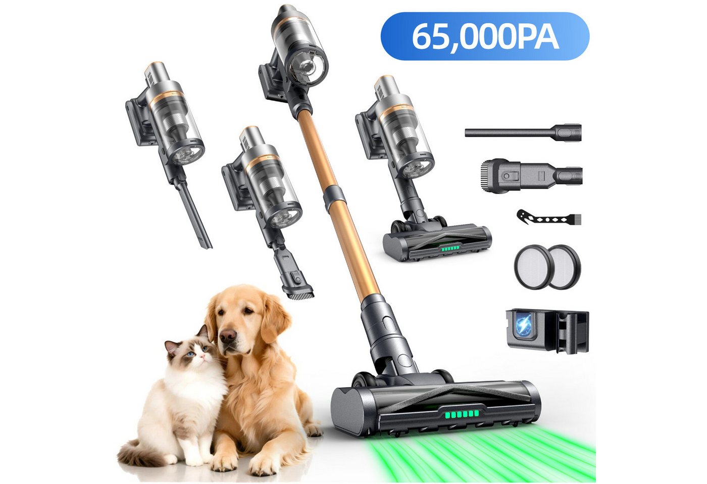 Circlio Akku-Stielstaubsauger Kabellos Akku Staubsauger 65KPa, Staubsauger Kabellos mit LED Display, 650 W, beutellos, Akkusauger mit Antitanglebürste für Teppich, Hartboden und Tierhaare Bild 3