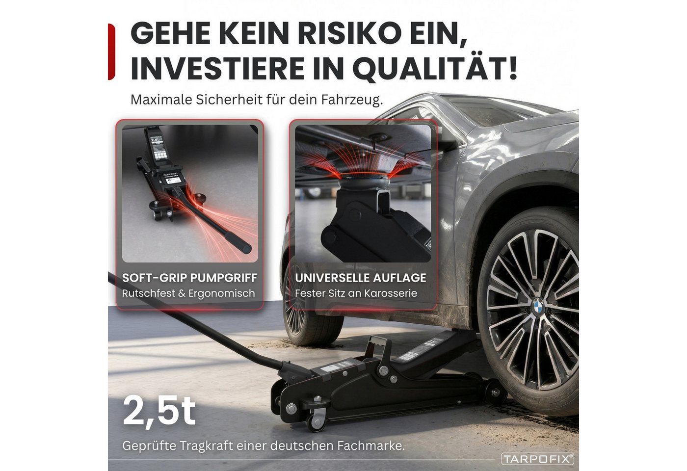 Tarpofix® Wagenheber hydraulisch flach SUV tiefergelegt EN 1494, max. Hubhöhe: 38 cm, Rangierwagenheber mit Rollen, 6-tlg., inkl. Handschuhe & Kniematte, 2,5 t Hub 85-380 mm