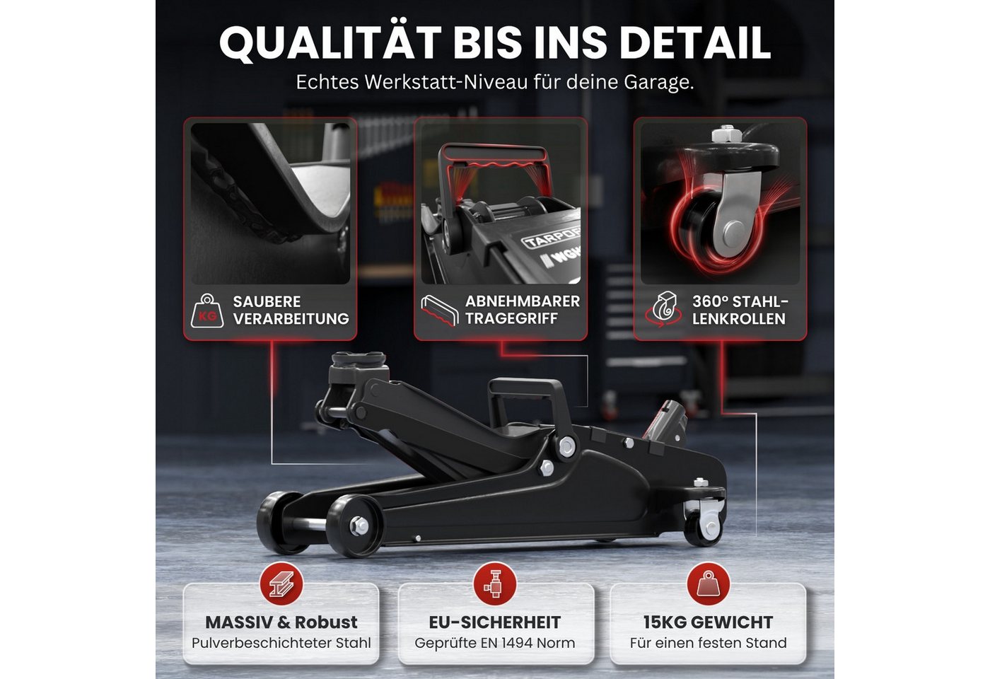 Tarpofix® Wagenheber hydraulisch flach SUV tiefergelegt EN 1494, max. Hubhöhe: 38 cm, Rangierwagenheber mit Rollen, 6-tlg., inkl. Handschuhe & Kniematte, 2,5 t Hub 85-380 mm Bild 2