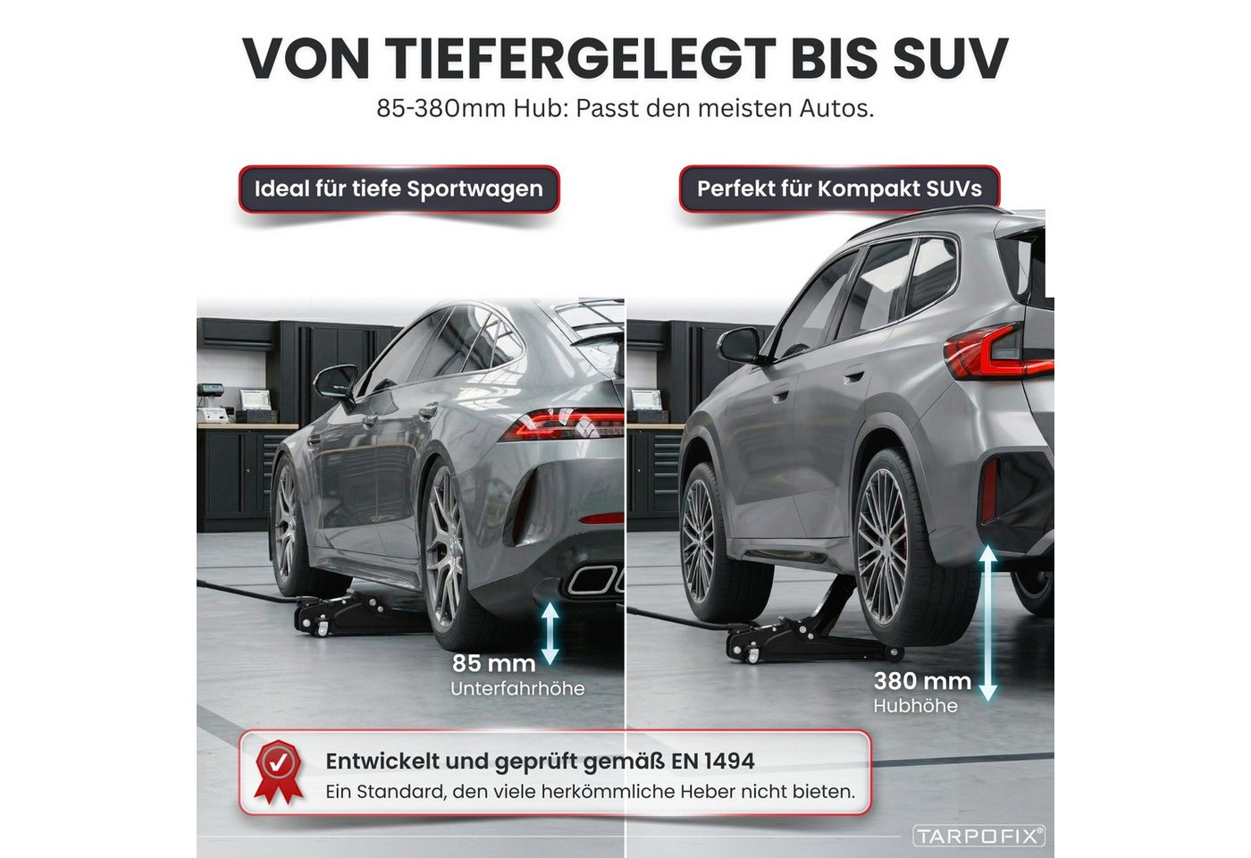 Tarpofix® Wagenheber hydraulisch flach SUV tiefergelegt EN 1494, max. Hubhöhe: 38 cm, Rangierwagenheber mit Rollen, 6-tlg., inkl. Handschuhe & Kniematte, 2,5 t Hub 85-380 mm Bild 3