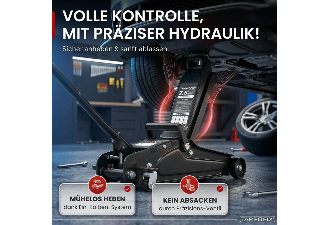 Tarpofix® Wagenheber hydraulisch flach SUV tiefergelegt EN 1494, max. Hubhöhe: 38 cm, Rangierwagenheber mit Rollen, 6-tlg., inkl. Handschuhe & Kniematte, 2,5 t Hub 85-380 mm Bild 4