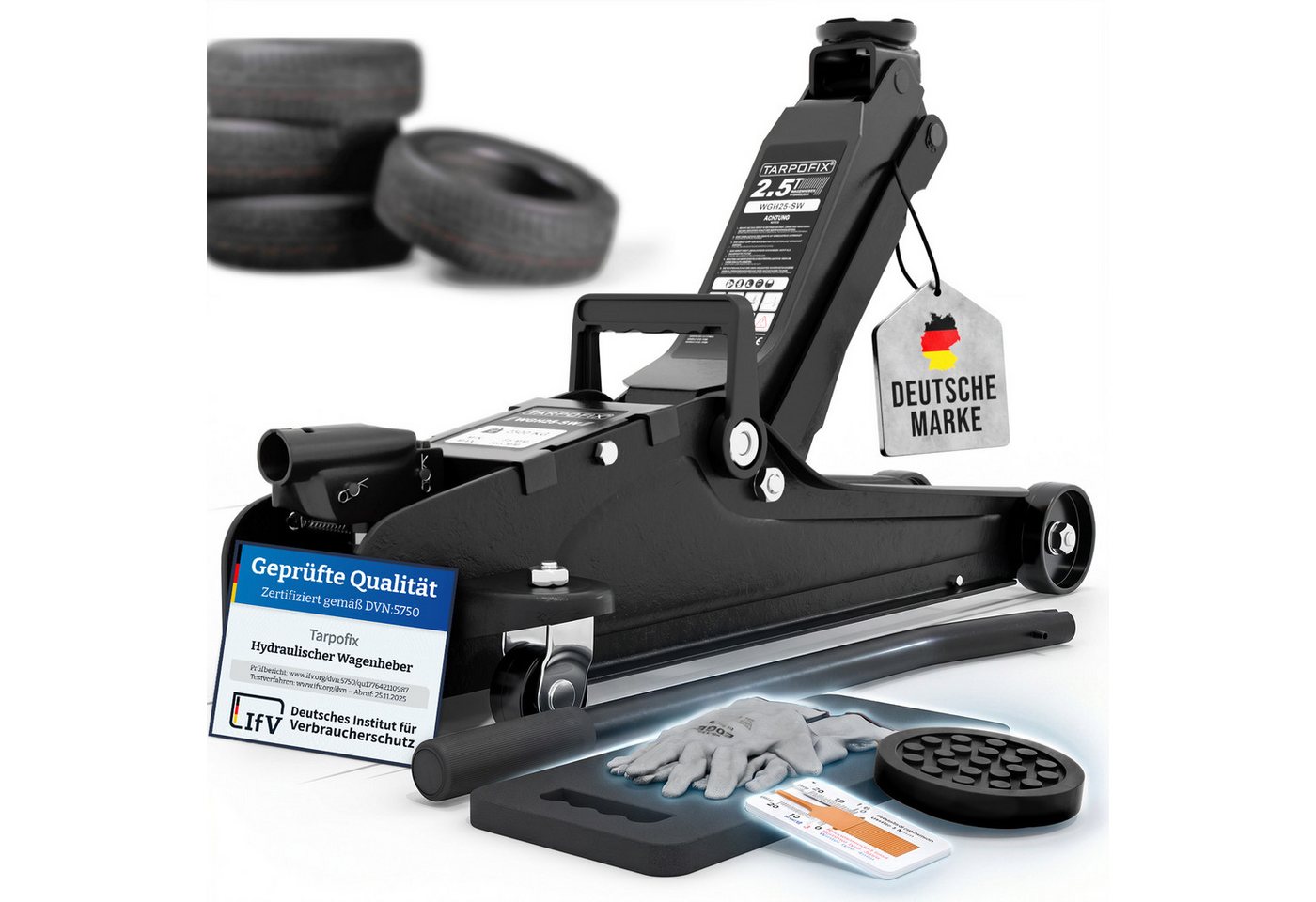 Tarpofix® Wagenheber hydraulisch flach SUV tiefergelegt EN 1494, max. Hubhöhe: 38 cm, Rangierwagenheber mit Rollen, 6-tlg., inkl. Handschuhe & Kniematte, 2,5 t Hub 85-380 mm Bild 5