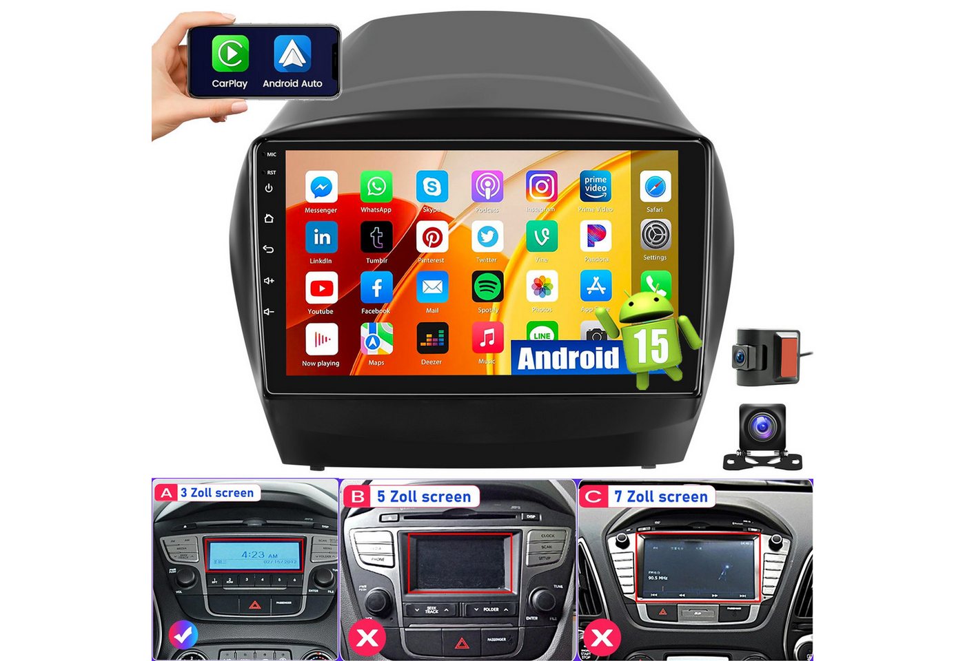ESSGOO 9'' Android15 Autoradio CarPlay GPS für Hyundai Tucson IX35 20010–2015 Autoradio (RDS, 4+64GB(optional), FM, AM, DAB+ (optional), GPS Navi Android Auto Bluetooth EQ USB WIFI IPS Touchscreen) Bild 2