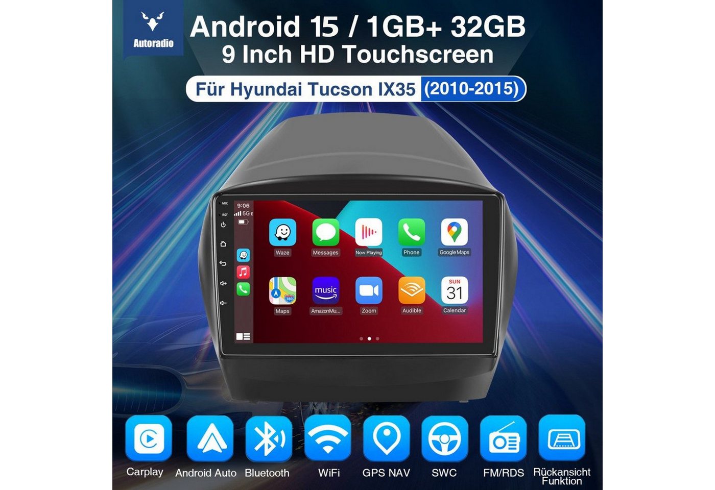 ESSGOO 9'' Android15 Autoradio CarPlay GPS für Hyundai Tucson IX35 20010–2015 Autoradio (RDS, 4+64GB(optional), FM, AM, DAB+ (optional), GPS Navi Android Auto Bluetooth EQ USB WIFI IPS Touchscreen) Bild 4