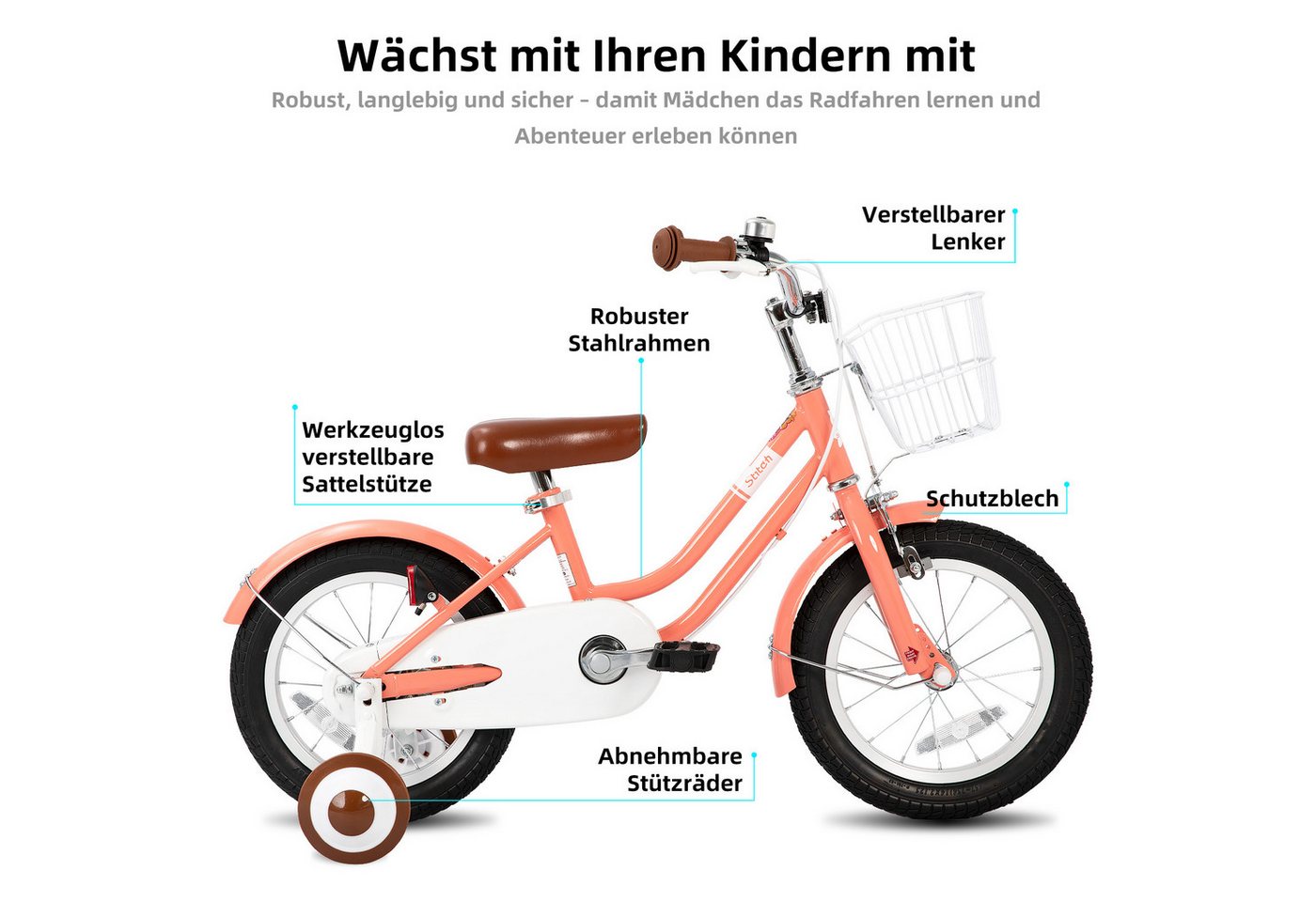 JOYSTAR Kinderfahrrad Kinderfahrrad mit Korb, abnehmbaren Stützrädern für Kinder 2‑9 Jahre, Ausgestattet mit Doppelhandbremsen, Stützrädern, Schutzblechen, Korb