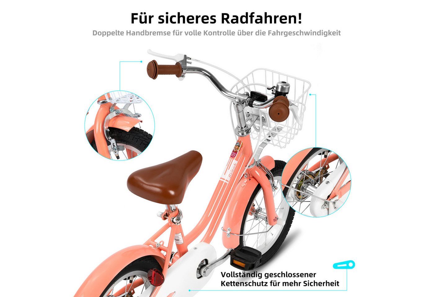 JOYSTAR Kinderfahrrad Kinderfahrrad mit Korb, abnehmbaren Stützrädern für Kinder 2‑9 Jahre, Ausgestattet mit Doppelhandbremsen, Stützrädern, Schutzblechen, Korb Bild 2