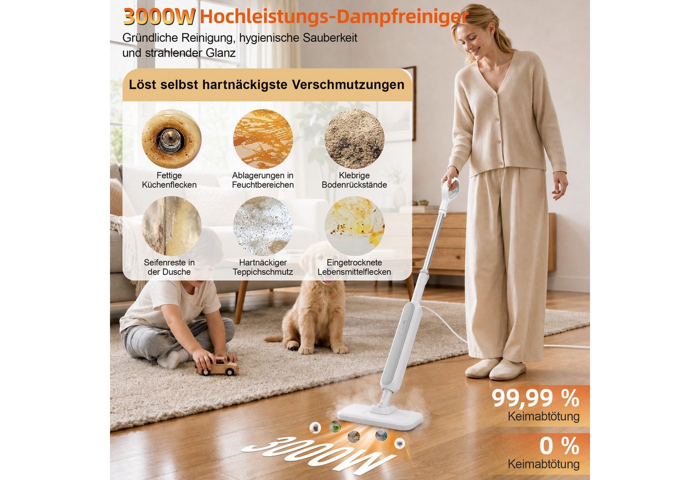 Forrlite Dampfreiniger 3000W, 9-in-1 Handdampfreiniger, 99,99 % Keimabtötung, 0 Chemikalien, 3000 W, 15 Sekunden Aufheizzeit,120 °C Dampfbesen,3-stufige Temperaturregelung,für Boden,Teppich, Fliesen und Grill.[Energieklasse A+], Steam Cleaner für Auto, Küche, Badezimmer, Fliesen, Fenstern Bild 5