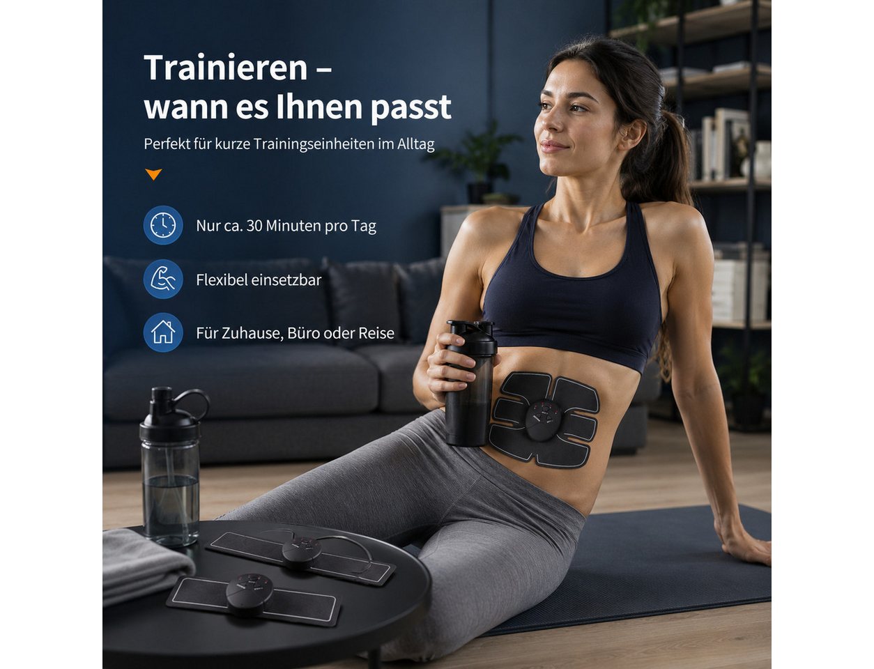 Tekoo EMS-Bauchmuskeltrainer EMS Muskelstimulationsgerät Bauch- und Armtrainer USB Set, (Kombipaket (Bauch- und Arm-Pads), 3-teiliges Set für das Ganzkörpertraining), USB-aufladbar, 3-Kanal-Steuerung
