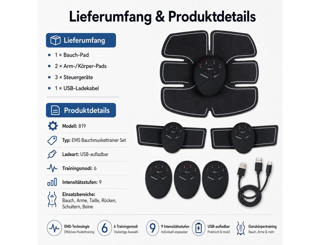 Tekoo EMS-Bauchmuskeltrainer EMS Muskelstimulationsgerät Bauch- und Armtrainer USB Set, (Kombipaket (Bauch- und Arm-Pads), 3-teiliges Set für das Ganzkörpertraining), USB-aufladbar, 3-Kanal-Steuerung Bild 3