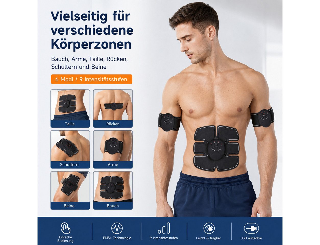 Tekoo EMS-Bauchmuskeltrainer EMS Muskelstimulationsgerät Bauch- und Armtrainer USB Set, (Kombipaket (Bauch- und Arm-Pads), 3-teiliges Set für das Ganzkörpertraining), USB-aufladbar, 3-Kanal-Steuerung Bild 5