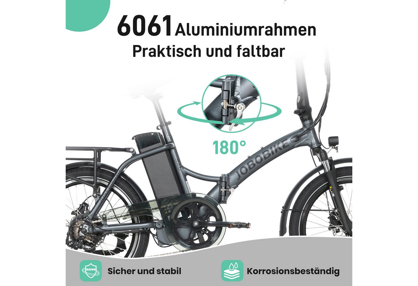 JOBOBIKE E-Bike Klapprad 20 Zoll Faltrad, Cityrad, Pedelec, 60-110km, für Damen und Herren, 7 Gang Shimano, Kettenschaltung, Heckmotor, 468 Wh, (mit Sattelrohr-Akku, mit Tiefeinsteiger-Rahmen, 5 Stufen), Faltrahmen, Federgabel,nur ca. 23kg, Elektrofahrrad mit Gepäckträger Bild 3