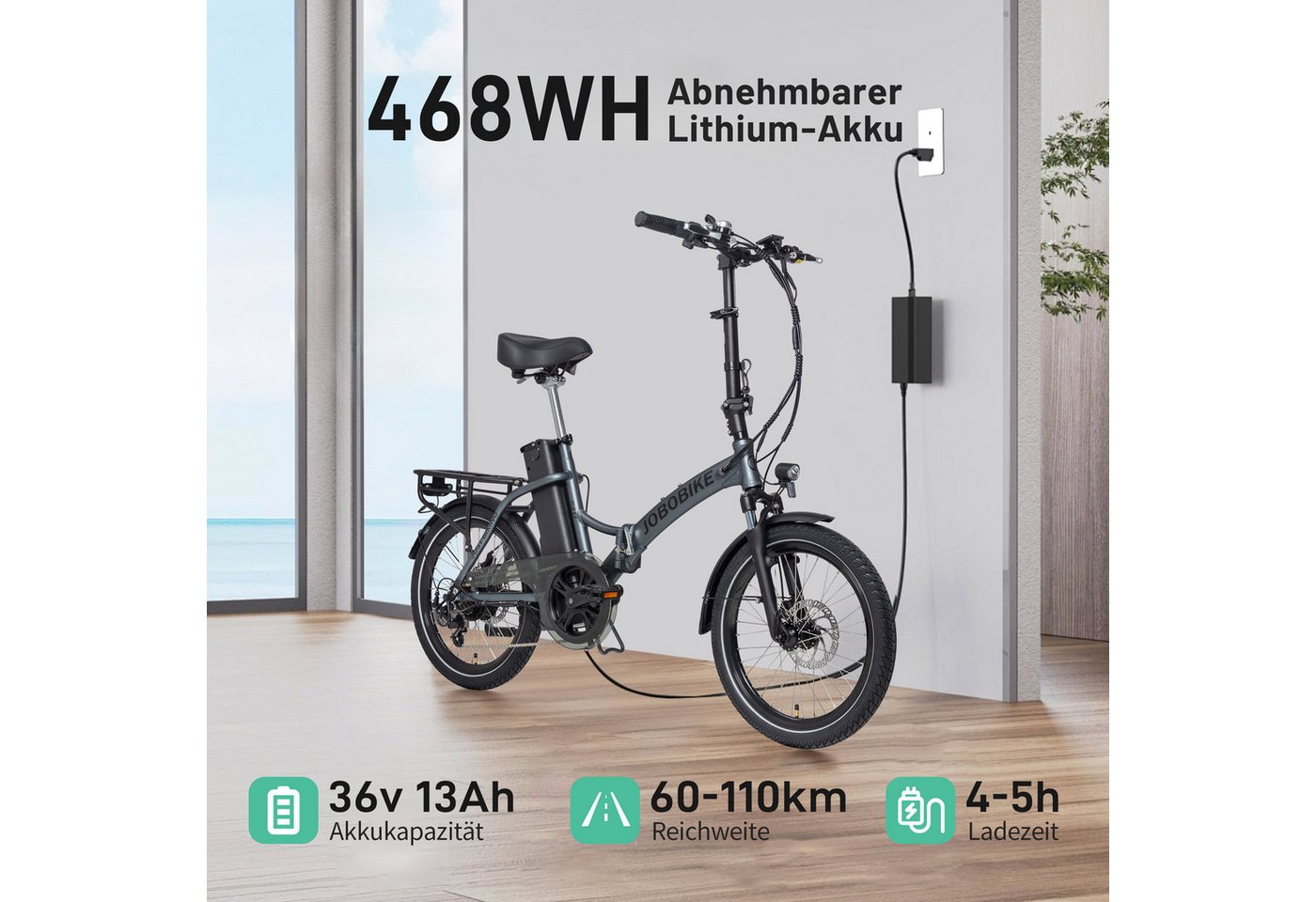 JOBOBIKE E-Bike Klapprad 20 Zoll Faltrad, Cityrad, Pedelec, 60-110km, für Damen und Herren, 7 Gang Shimano, Kettenschaltung, Heckmotor, 468 Wh, (mit Sattelrohr-Akku, mit Tiefeinsteiger-Rahmen, 5 Stufen), Faltrahmen, Federgabel,nur ca. 23kg, Elektrofahrrad mit Gepäckträger Bild 4