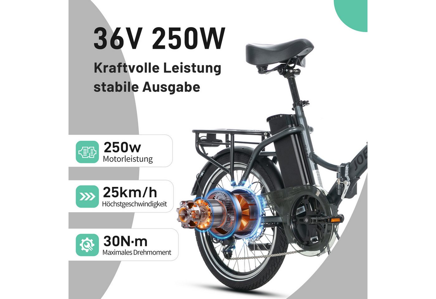 JOBOBIKE E-Bike Klapprad 20 Zoll Faltrad, Cityrad, Pedelec, 60-110km, für Damen und Herren, 7 Gang Shimano, Kettenschaltung, Heckmotor, 468 Wh, (mit Sattelrohr-Akku, mit Tiefeinsteiger-Rahmen, 5 Stufen), Faltrahmen, Federgabel,nur ca. 23kg, Elektrofahrrad mit Gepäckträger Bild 5