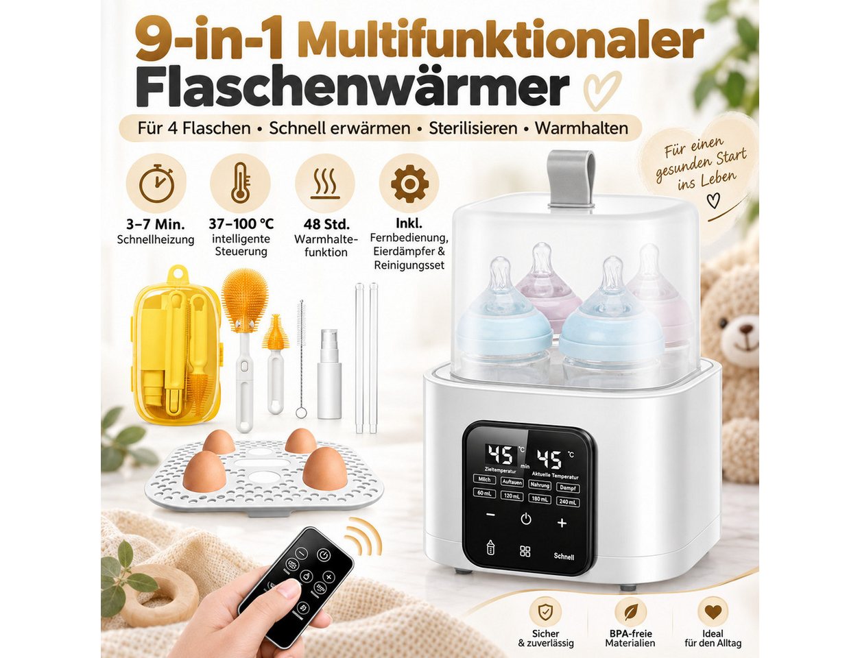 Luckice Babyflaschenwärmer 2026 Modell 9-in-1 Babyflaschenwärmer und Sterilisator 4 Flaschen, BPA-frei,vier intelligente Betriebsmodi,LED-Touchscreen mit Nachtlicht Bild 3