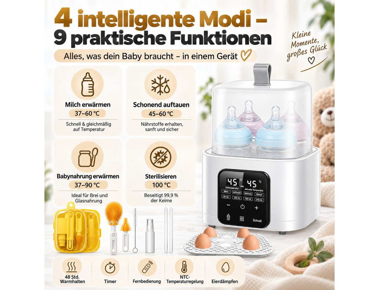 Luckice Babyflaschenwärmer 2026 Modell 9-in-1 Babyflaschenwärmer und Sterilisator 4 Flaschen, BPA-frei,vier intelligente Betriebsmodi,LED-Touchscreen mit Nachtlicht Bild 4