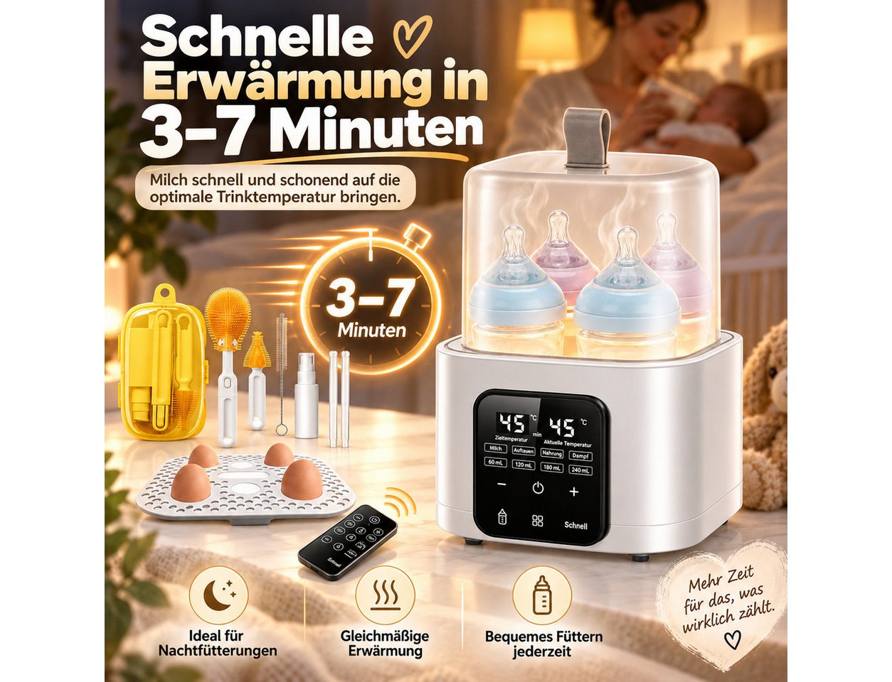 Luckice Babyflaschenwärmer 2026 Modell 9-in-1 Babyflaschenwärmer und Sterilisator 4 Flaschen, BPA-frei,vier intelligente Betriebsmodi,LED-Touchscreen mit Nachtlicht Bild 5