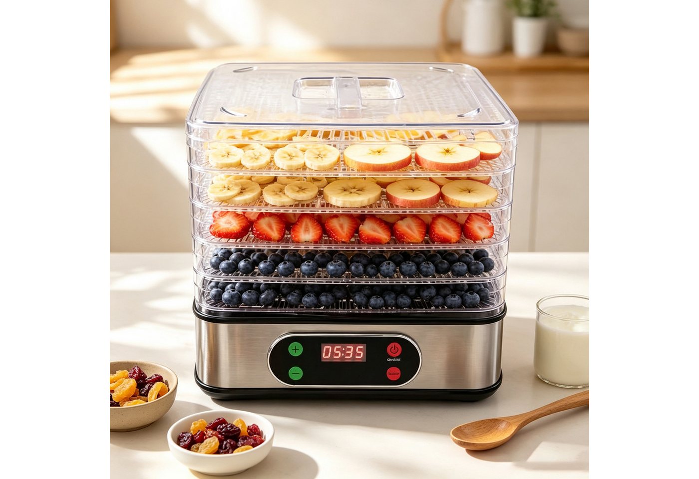 Toomoke Dörrautomat Dörrautomat Dörrgerät mit Temperaturregler, 5 Etagen, 35-70°C 350 W, 5 Etagen, LED-Anzeige, 72h-Timer, für Obst, Gemüse, Fleisch, Kräute, Pilze Bild 2
