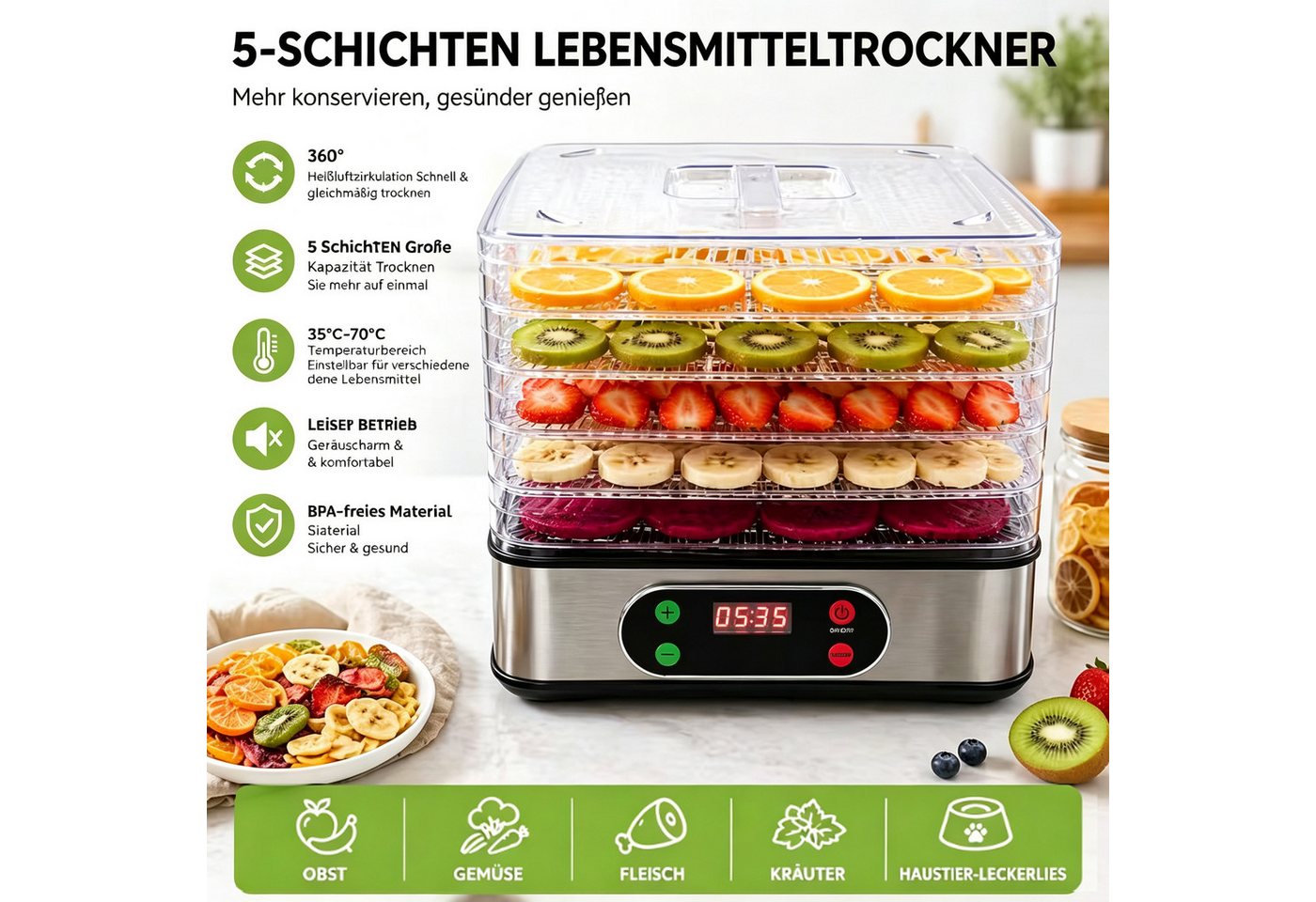 Toomoke Dörrautomat Dörrautomat Dörrgerät mit Temperaturregler, 5 Etagen, 35-70°C 350 W, 5 Etagen, LED-Anzeige, 72h-Timer, für Obst, Gemüse, Fleisch, Kräute, Pilze Bild 5