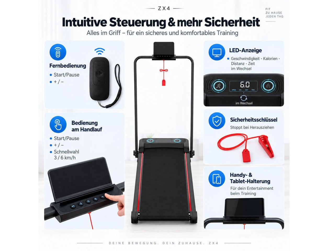 LIKESPORTING Laufband zu Hause,Walking Pad 6/8/10 km/h, leiser Motor, Fernbedienung, 40*98cm Laufbereich, 1400W, 1-10 km/h,Max 6%Steigung