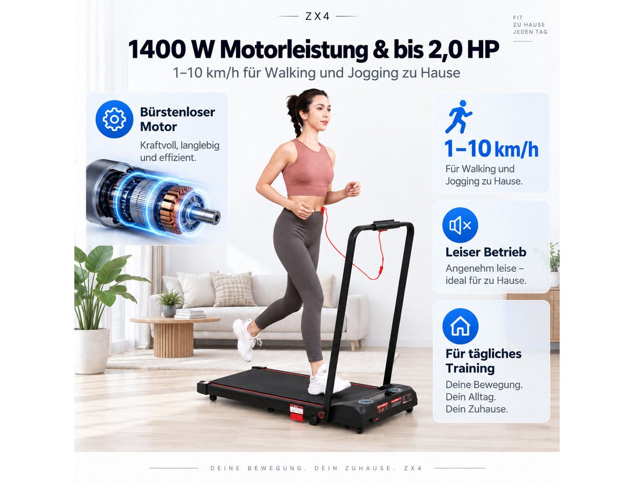 LIKESPORTING Laufband zu Hause,Walking Pad 6/8/10 km/h, leiser Motor, Fernbedienung, 40*98cm Laufbereich, 1400W, 1-10 km/h,Max 6%Steigung Bild 5
