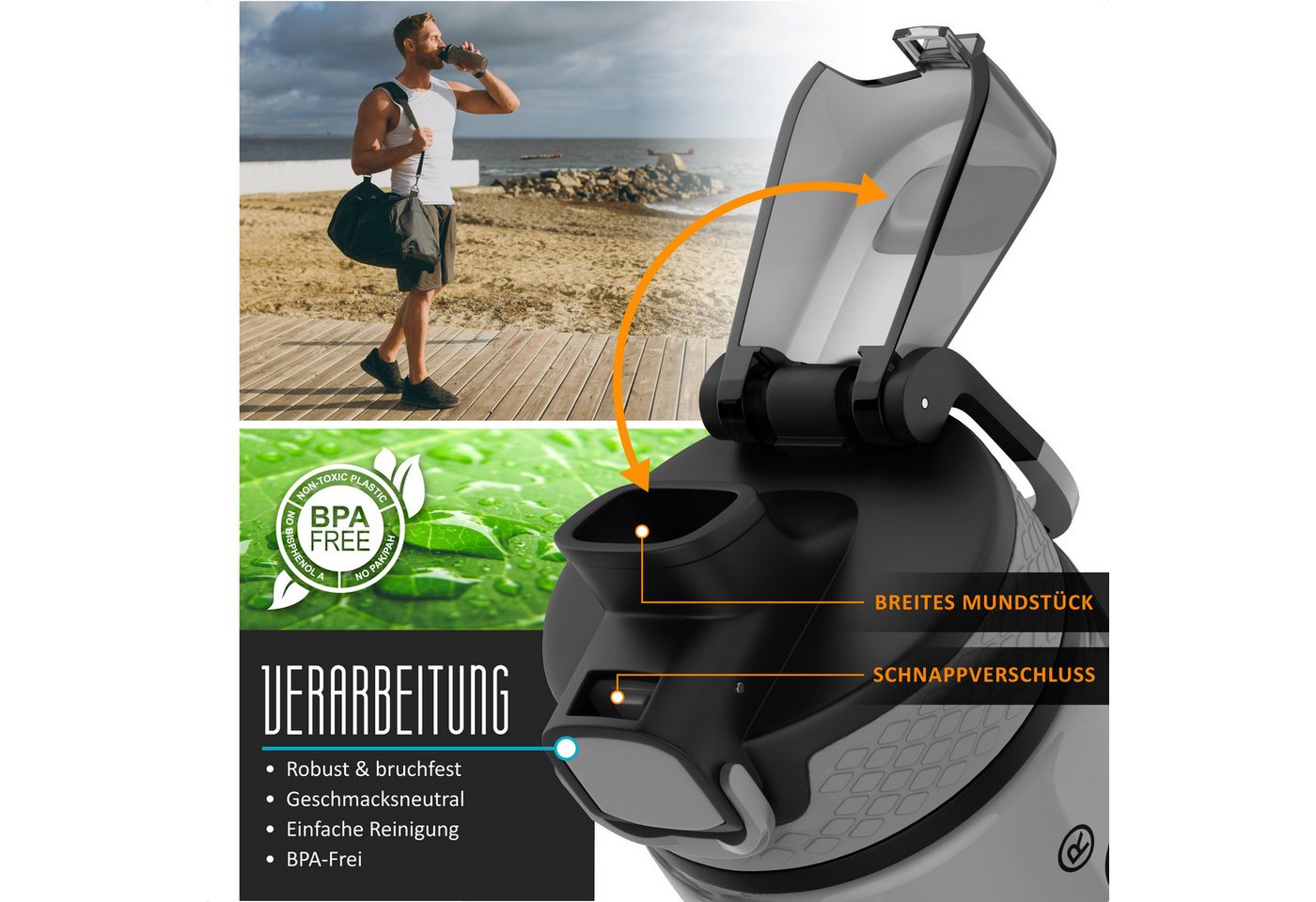 Arendo Trinkflasche 2er Set Trinkflasche 700 ml BPA-frei Sport, kohlensäuregeeignet, BPA-frei, auslaufsicher, One-Click-Verschluss, Mengenskala, Flasche Bild 3