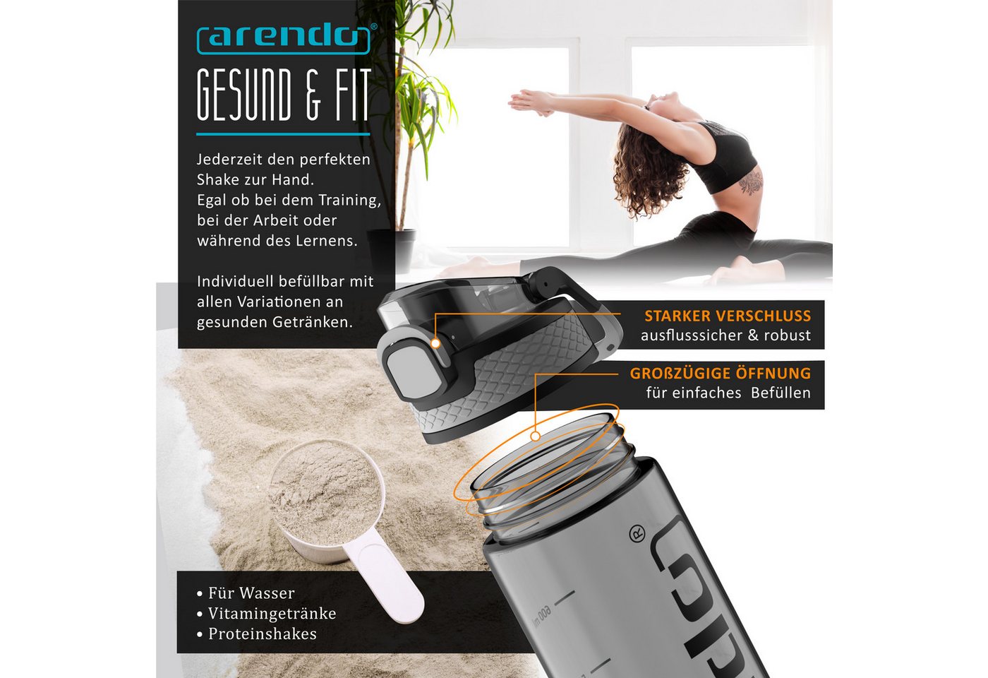 Arendo Trinkflasche 2er Set Trinkflasche 700 ml BPA-frei Sport, kohlensäuregeeignet, BPA-frei, auslaufsicher, One-Click-Verschluss, Mengenskala, Flasche Bild 4