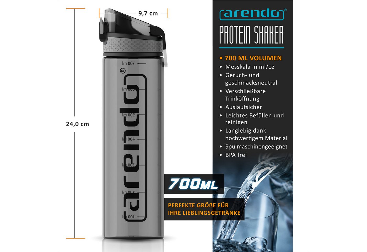 Arendo Trinkflasche 2er Set Trinkflasche 700 ml BPA-frei Sport, kohlensäuregeeignet, BPA-frei, auslaufsicher, One-Click-Verschluss, Mengenskala, Flasche Bild 5