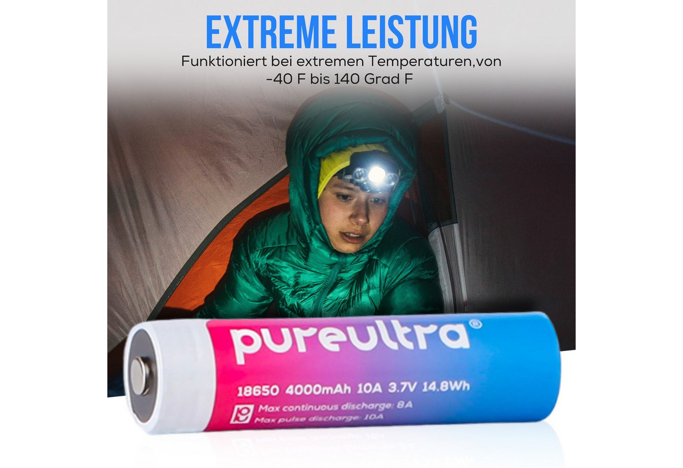 PureUltra 18650 Akku High Drain Hochleistungsakku 4000 mAh (3,7 V), geschützt, 10 A für Hochleistungs-Taschenlampen